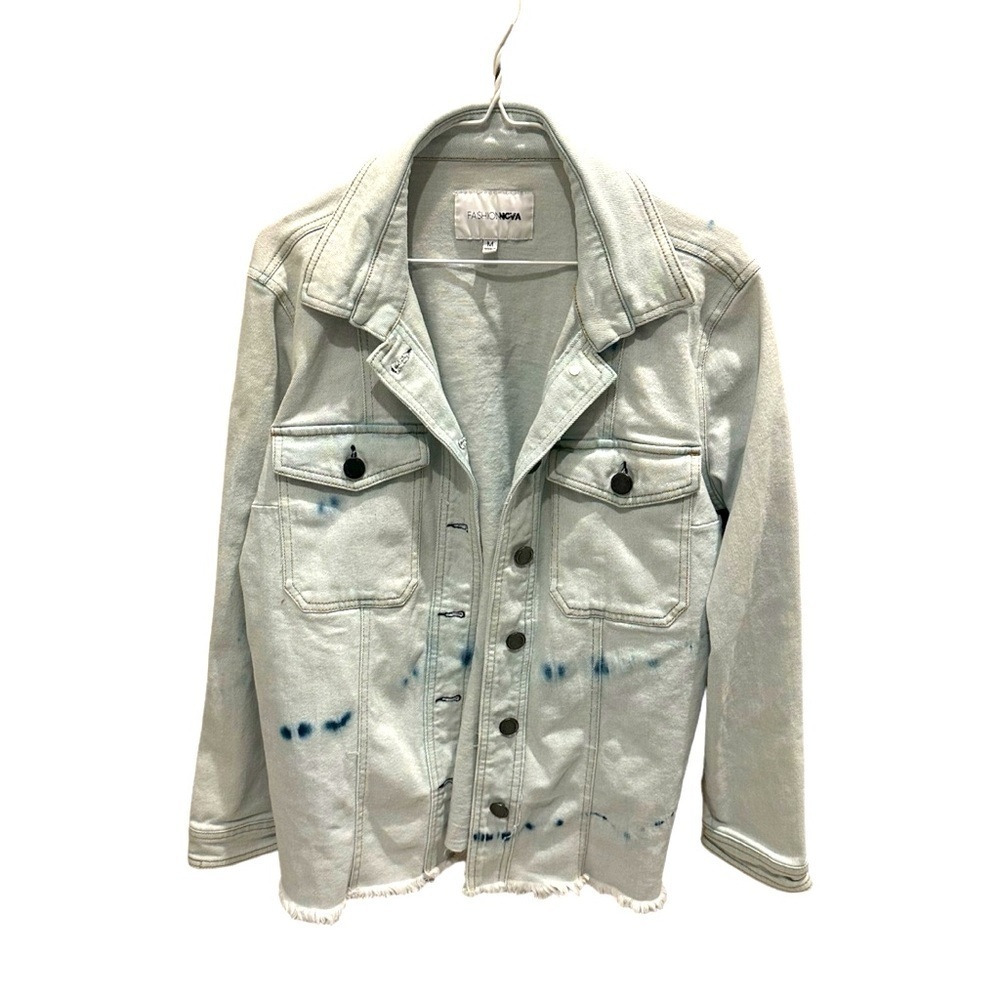 Fashion Nova Men Denim Jacket Light Wash Blue Splatter Size Medium